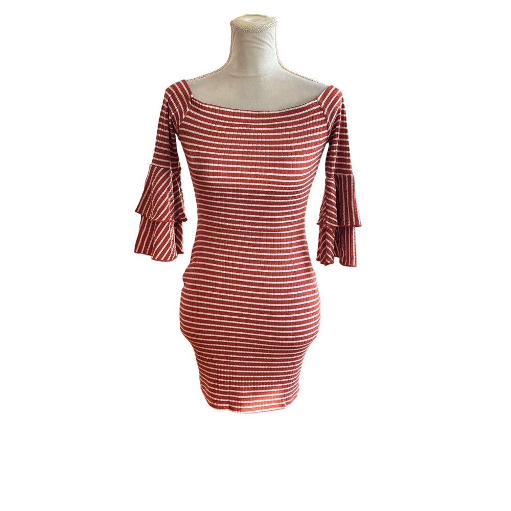 Vintage Womens off-the-shoulder mini dress Striped tiered ruffled sleeves Sz S
